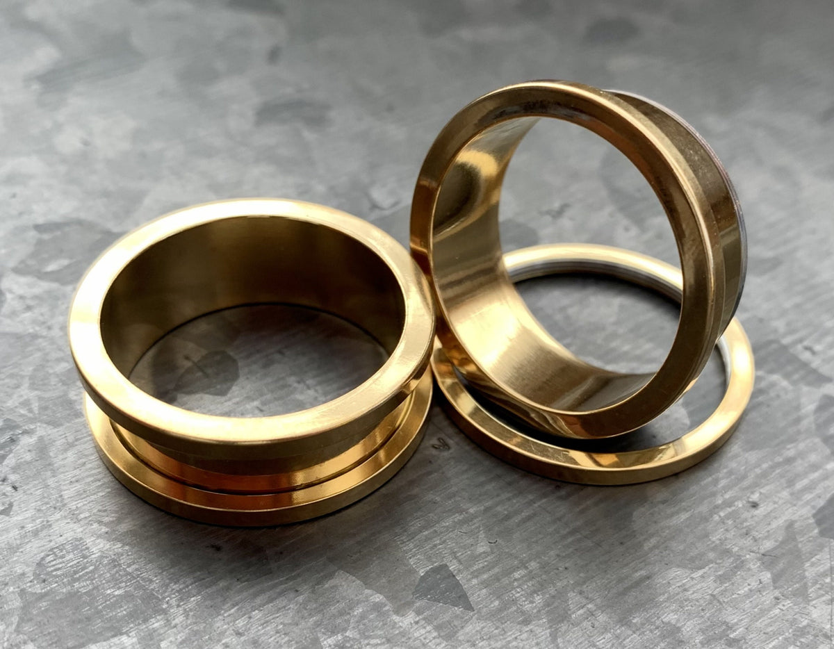 PAIR of Beautiful Gold Ion Plated 316L Steel Screw Fit Tunnels/Plugs - Gauges 16g (1.2mm) thru 1" (25mm) available!