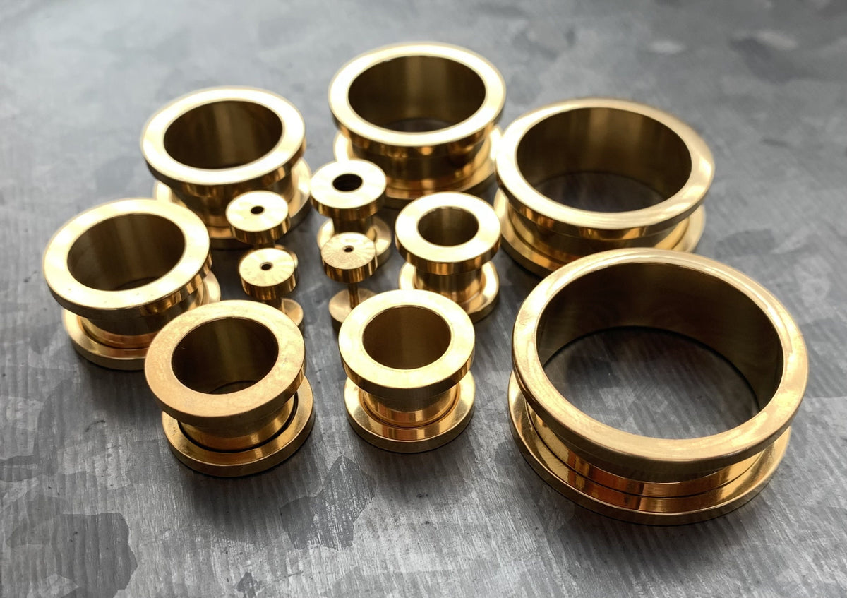 PAIR of Beautiful Gold Ion Plated 316L Steel Screw Fit Tunnels/Plugs - Gauges 16g (1.2mm) thru 1" (25mm) available!