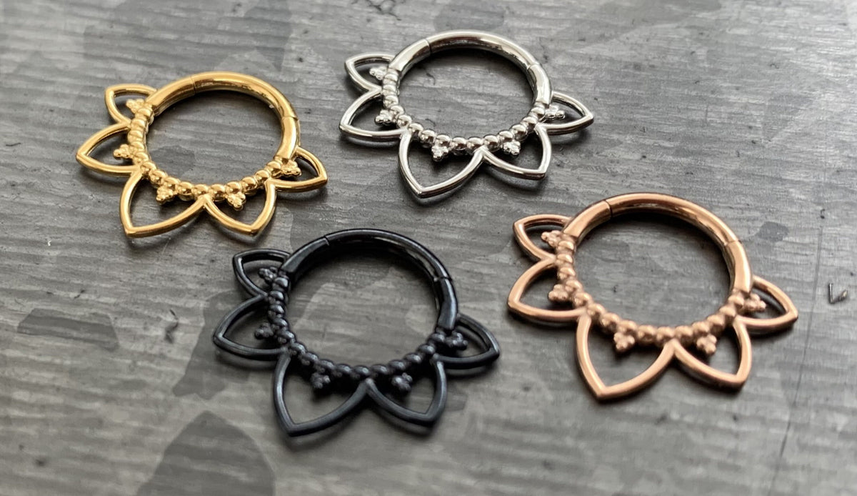 1 Piece Beautiful Filigree Petals Surgical Steel 16g Hinged Segment Ring - Black, Steel, Gold, Rose Gold available!