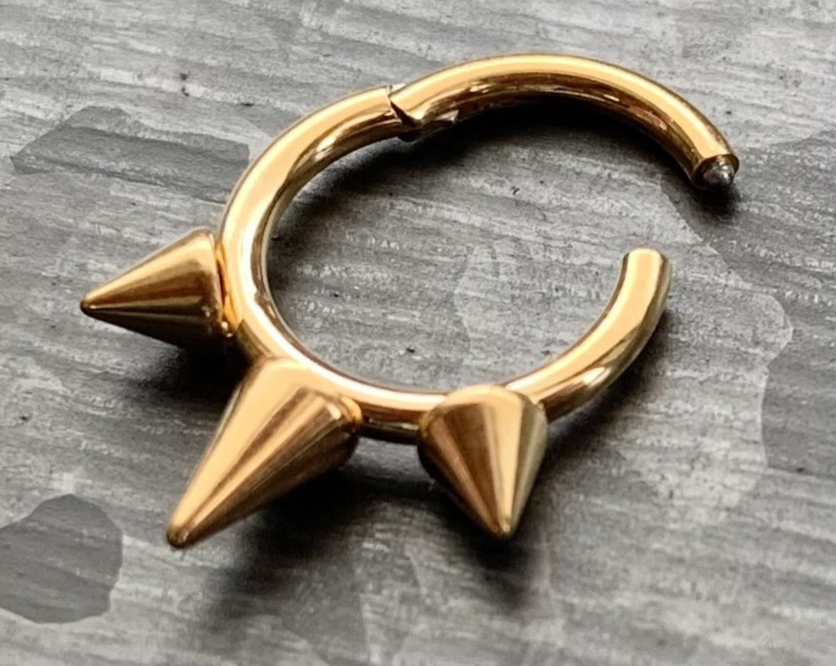 1 Piece Implant Grade Titanium Three Spikes Hinged Segment Septum Ring in 10mm or 8mm - Silver, Gold & Black available!