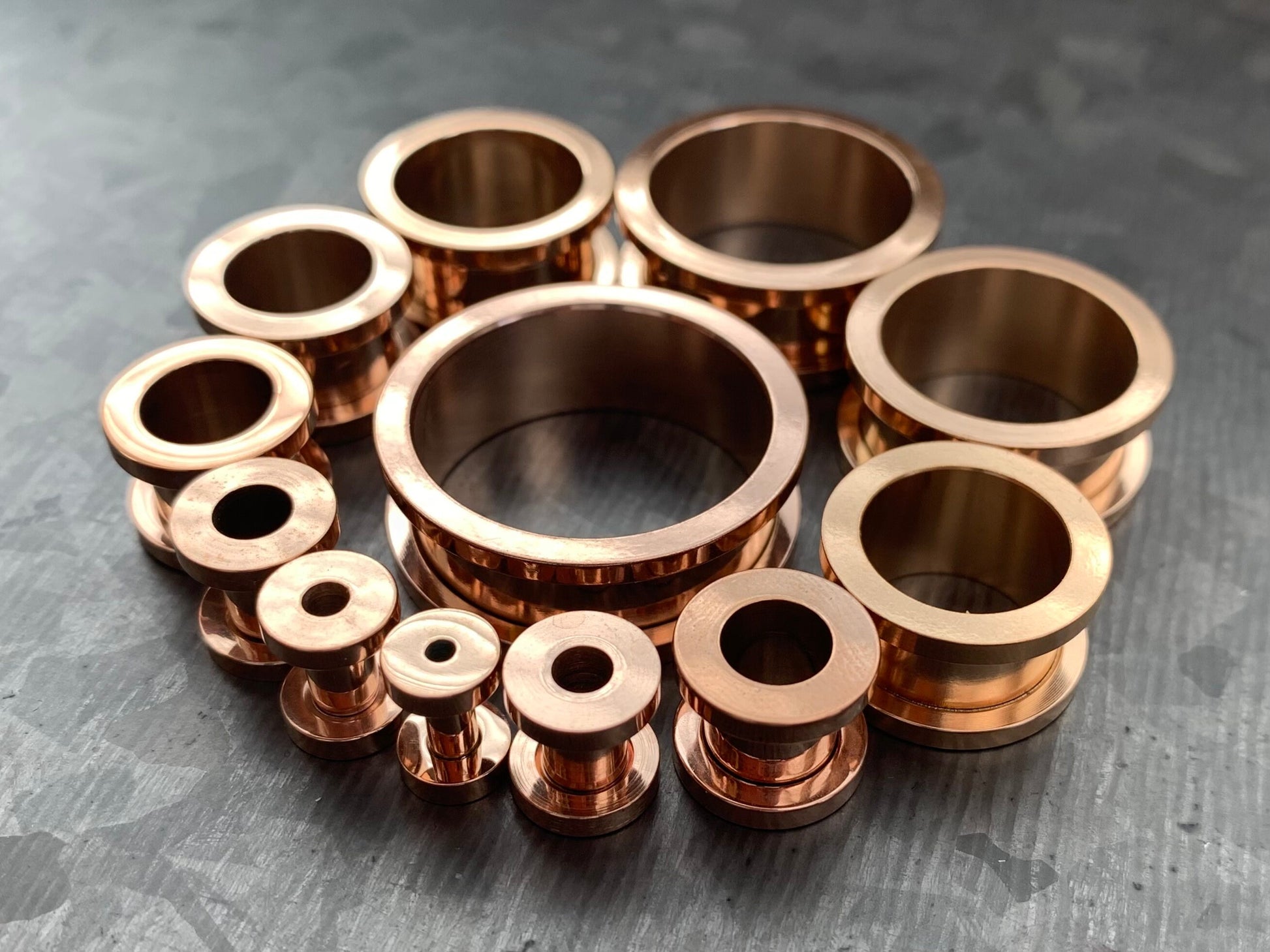 PAIR of Beautiful Rose Gold Ion Plated 316L Steel Screw Fit Tunnels/Plugs - Gauges 8g (3mm) thru 1" (25mm) available!