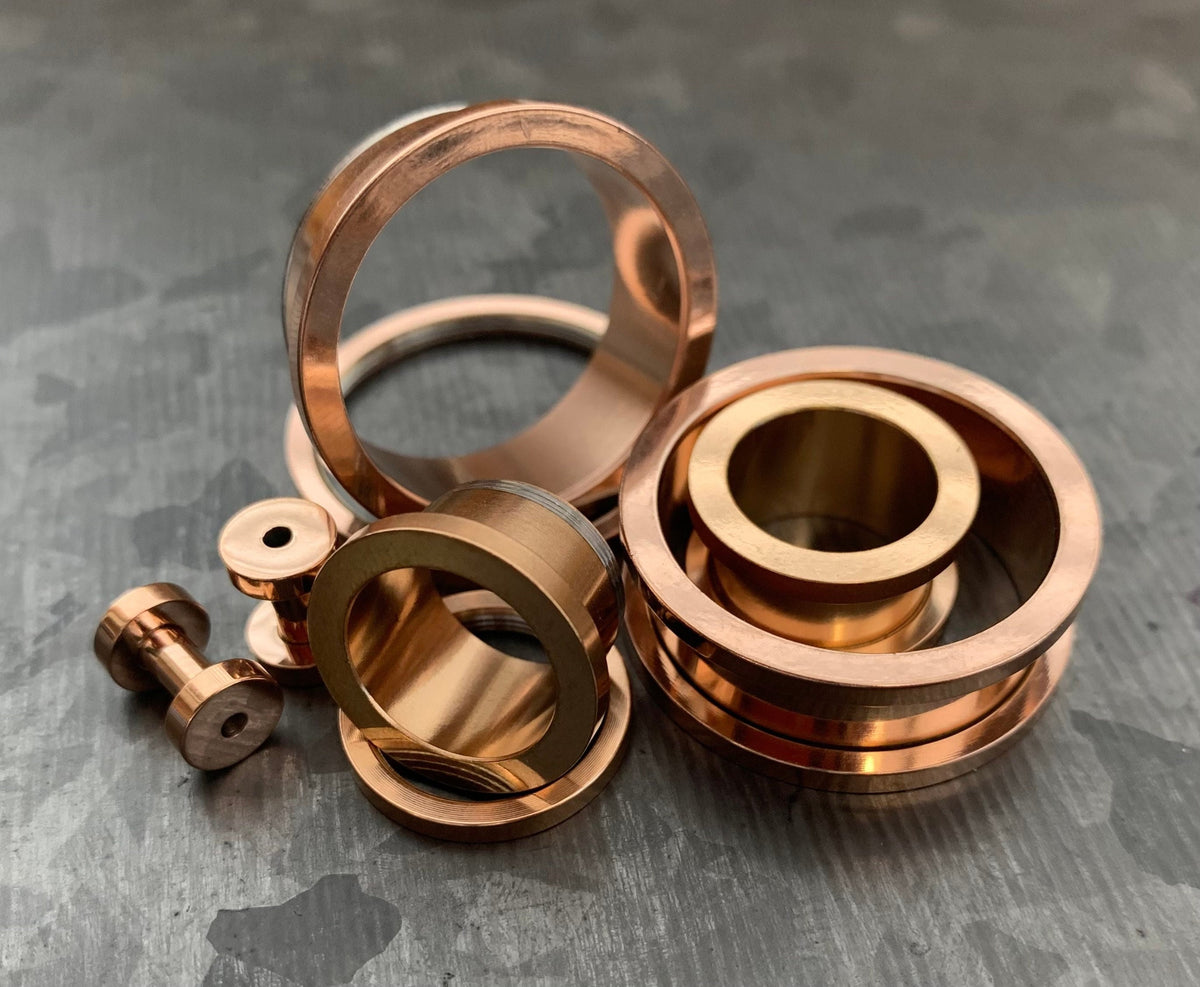 PAIR of Beautiful Rose Gold Ion Plated 316L Steel Screw Fit Tunnels/Plugs - Gauges 8g (3mm) thru 1" (25mm) available!