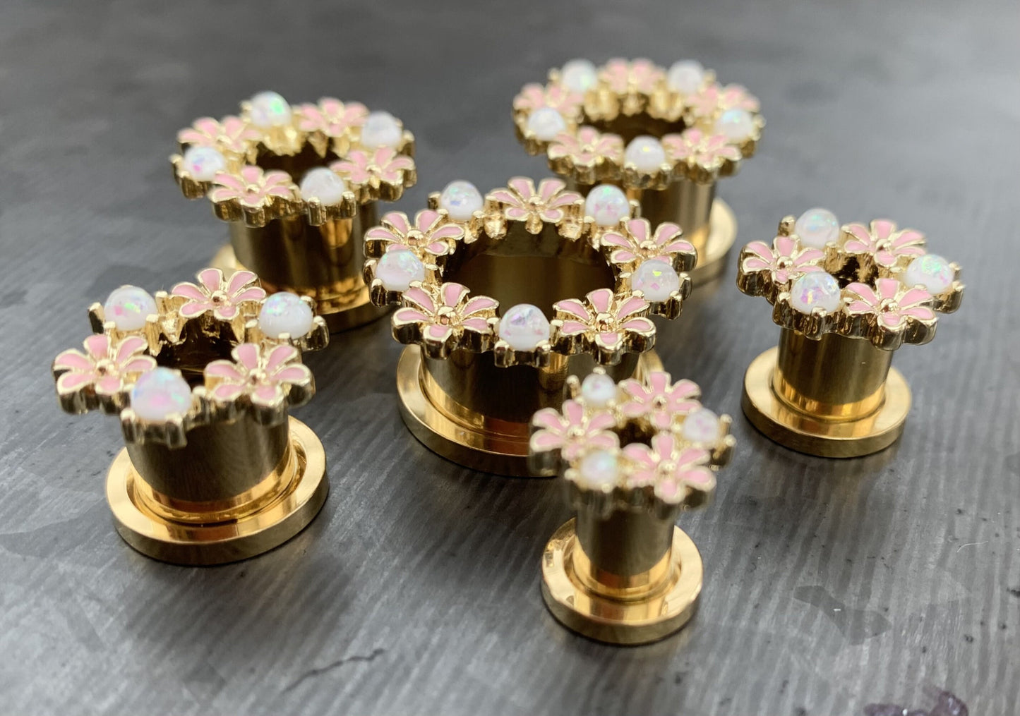 PAIR of Stunning Opal Glitter & Enamel Flowers Gold Screw Fit Tunnels/Plugs - Gauges 2g (6mm) thru 5/8" (16mm) available!