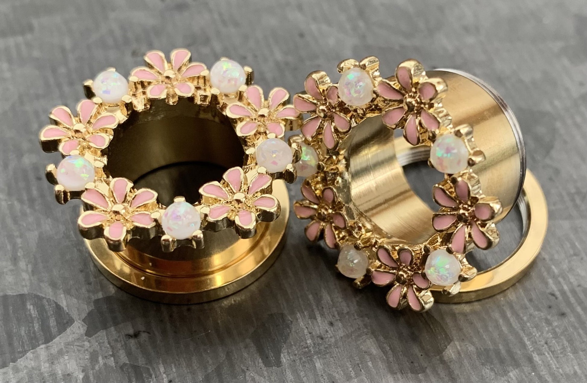 PAIR of Stunning Opal Glitter & Enamel Flowers Gold Screw Fit Tunnels/Plugs - Gauges 2g (6mm) thru 5/8" (16mm) available!