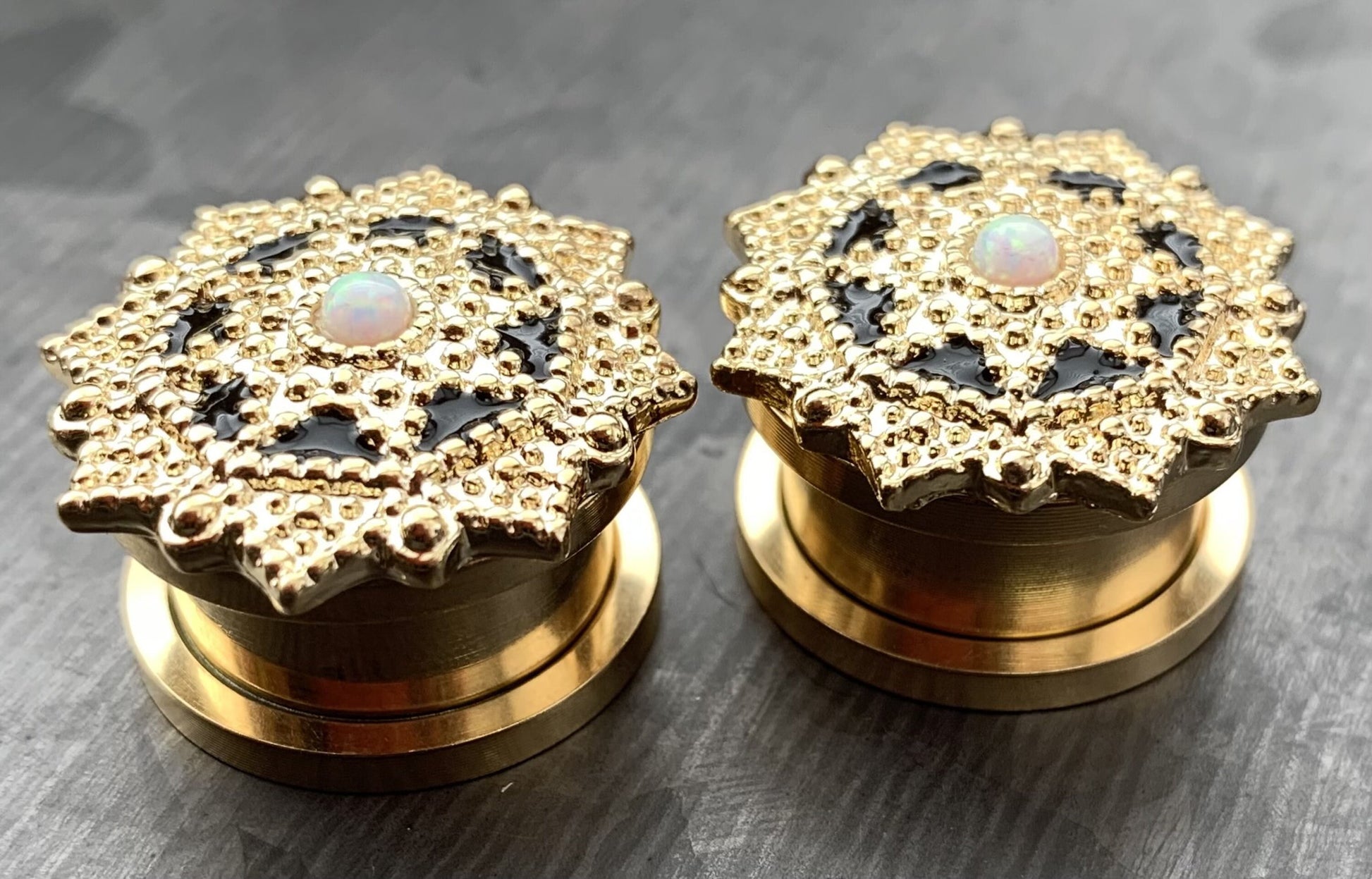 PAIR of Unique Opal Center Tribal Shield Top 14kt Gold Plated Steel Screw Fit Tunnels/Plugs - Gauges 8g (3mm) thru 5/8" (16mm) available!