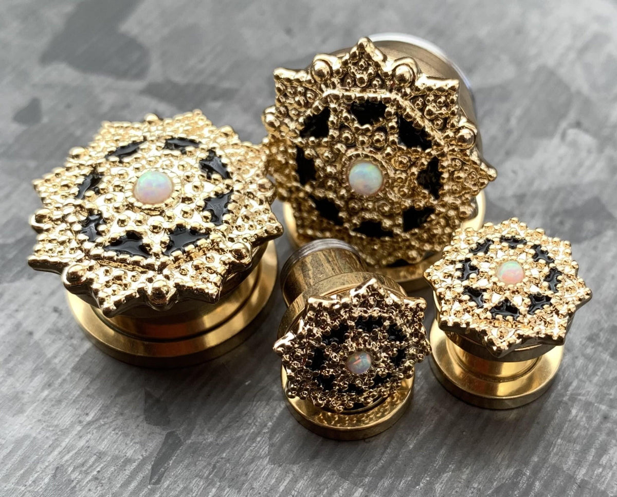 PAIR of Unique Opal Center Tribal Shield Top 14kt Gold Plated Steel Screw Fit Tunnels/Plugs - Gauges 8g (3mm) thru 5/8" (16mm) available!