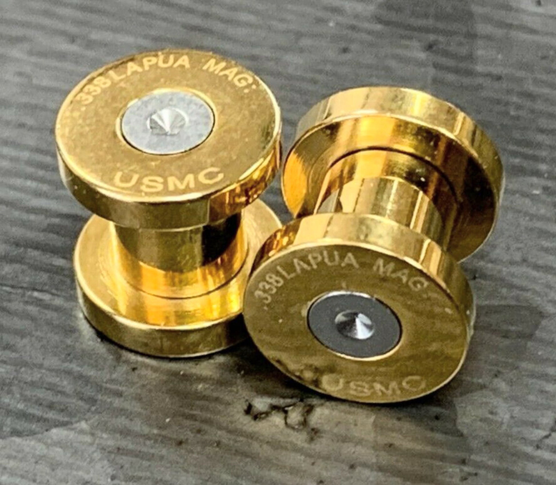 PAIR of Gold Ion Plated .338 Lapua Mag USMC Bullet Internally Threaded Plug - Gauges 2g (6mm) thru 1/2" (12mm) available!