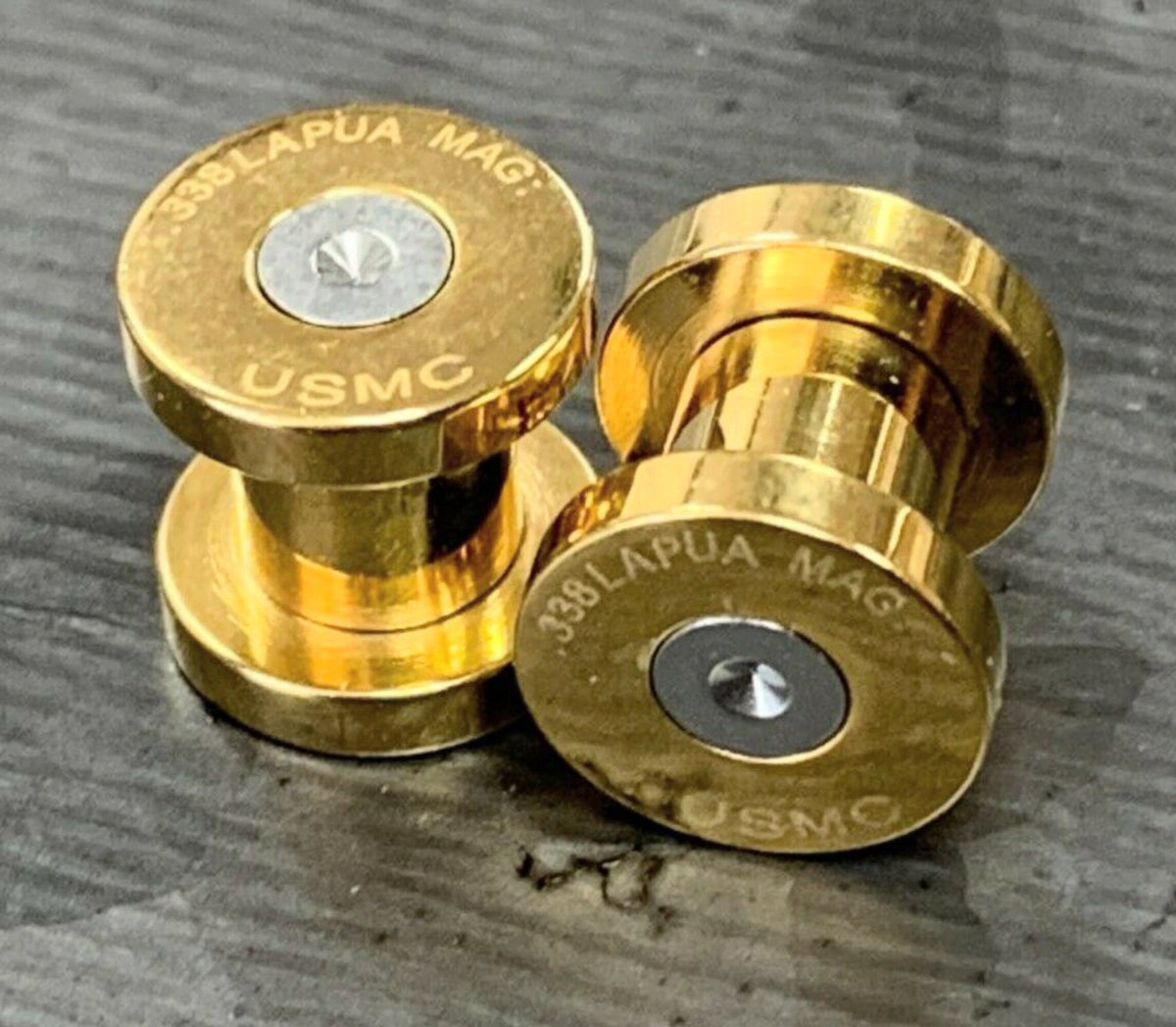 PAIR of Gold Ion Plated .338 Lapua Mag USMC Bullet Internally Threaded Plug - Gauges 2g (6mm) thru 1/2" (12mm) available!