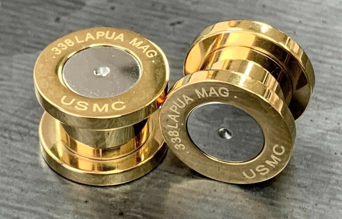 PAIR of Gold Ion Plated .338 Lapua Mag USMC Bullet Internally Threaded Plug - Gauges 2g (6mm) thru 1/2" (12mm) available!
