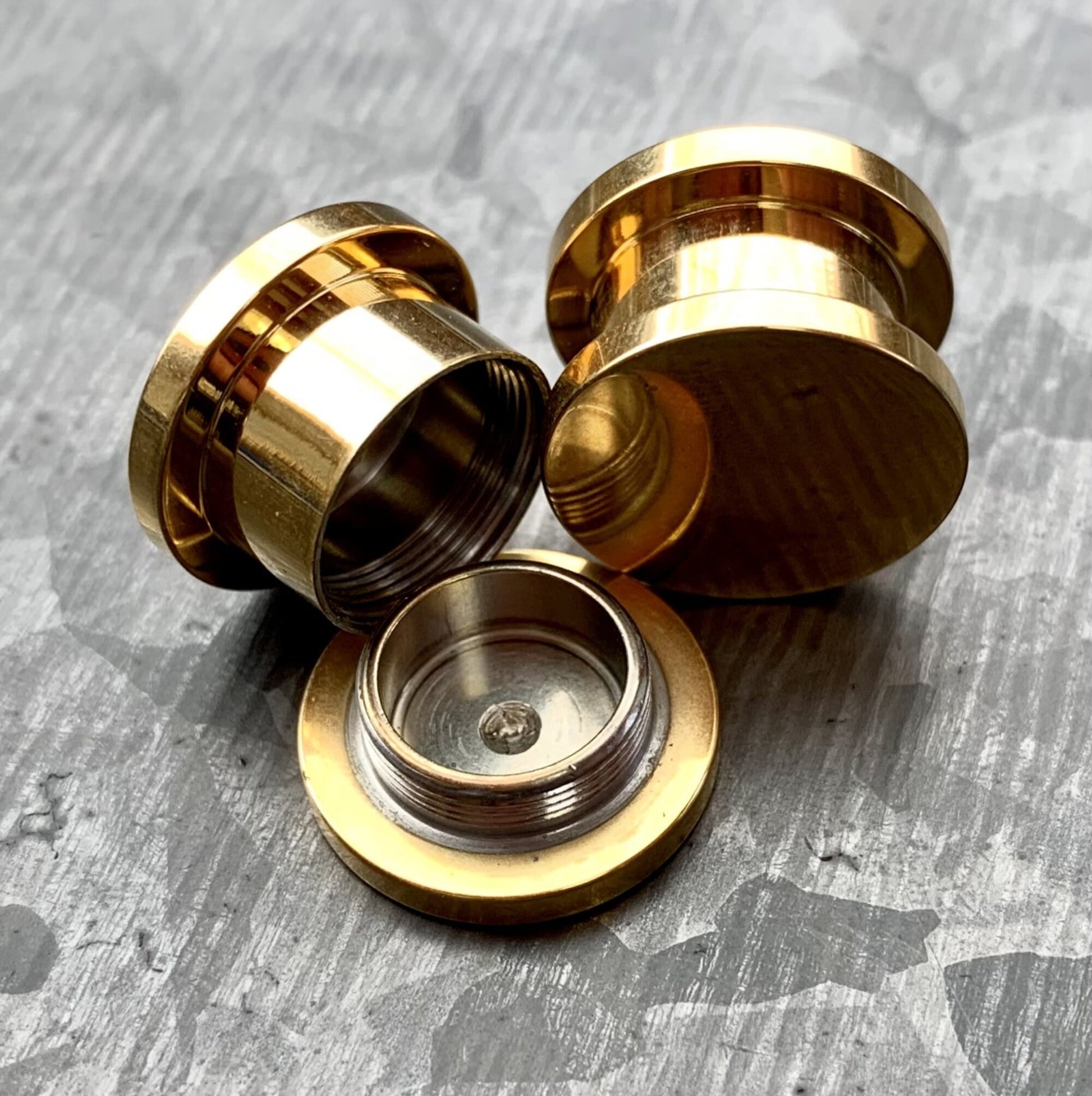PAIR of Gold Ion Plated .338 Lapua Mag USMC Bullet Internally Threaded Plug - Gauges 2g (6mm) thru 1/2" (12mm) available!