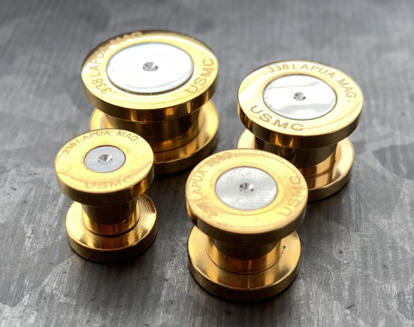 PAIR of Gold Ion Plated .338 Lapua Mag USMC Bullet Internally Threaded Plug - Gauges 2g (6mm) thru 1/2" (12mm) available!