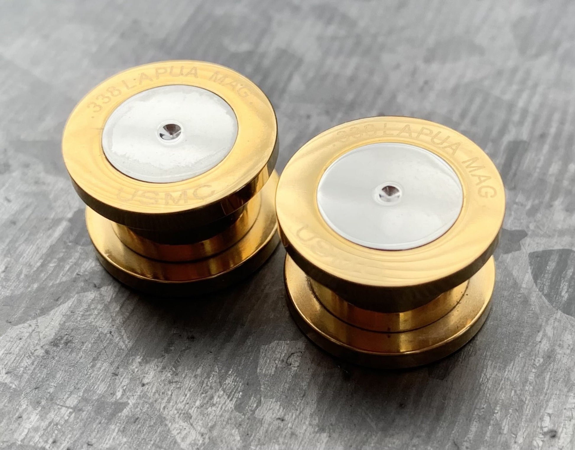 PAIR of Gold Ion Plated .338 Lapua Mag USMC Bullet Internally Threaded Plug - Gauges 2g (6mm) thru 1/2" (12mm) available!