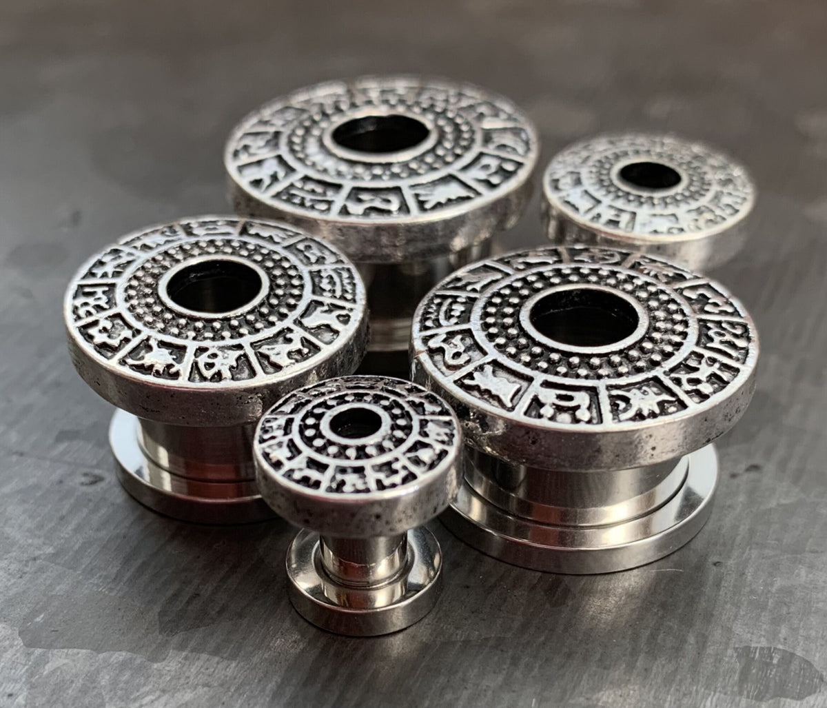 PAIR of Unique Gold, Silver or Bronze Zodiac Signs Top Steel Screw Fit Tunnels/Plugs - Gauges 4g (5mm) thru 5/8" (16mm) available!