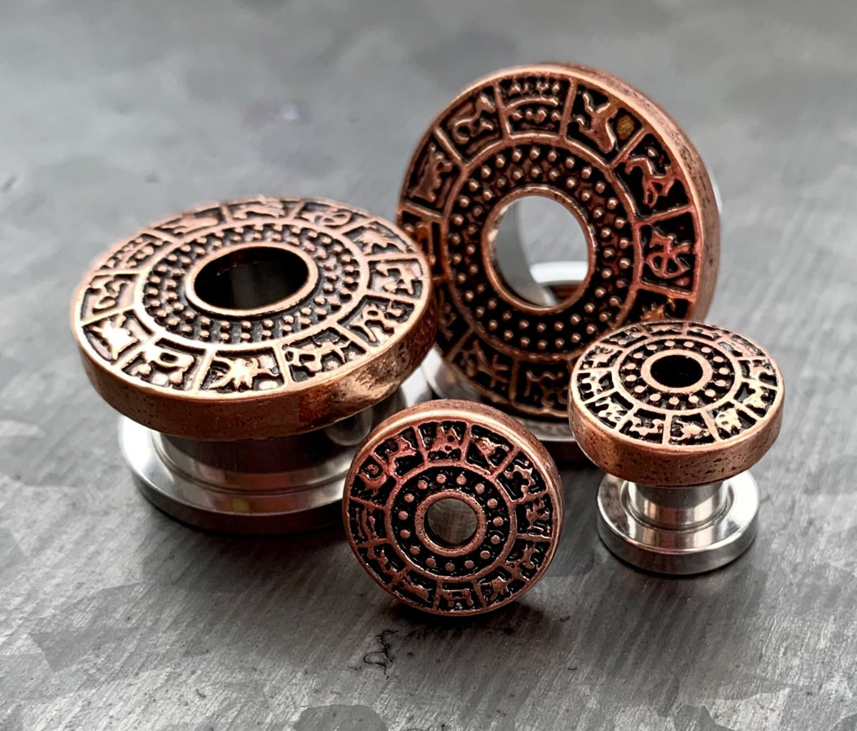 PAIR of Unique Gold, Silver or Bronze Zodiac Signs Top Steel Screw Fit Tunnels/Plugs - Gauges 4g (5mm) thru 5/8" (16mm) available!