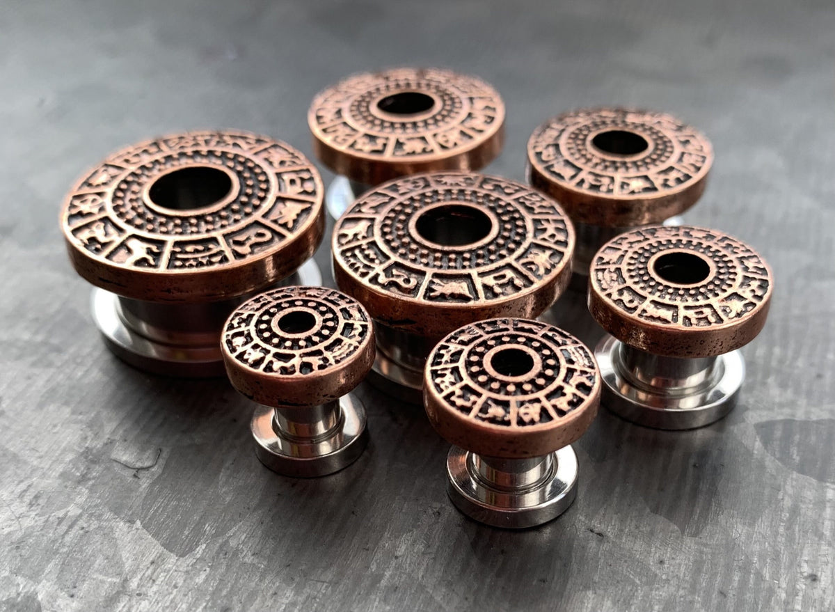PAIR of Unique Gold, Silver or Bronze Zodiac Signs Top Steel Screw Fit Tunnels/Plugs - Gauges 4g (5mm) thru 5/8" (16mm) available!