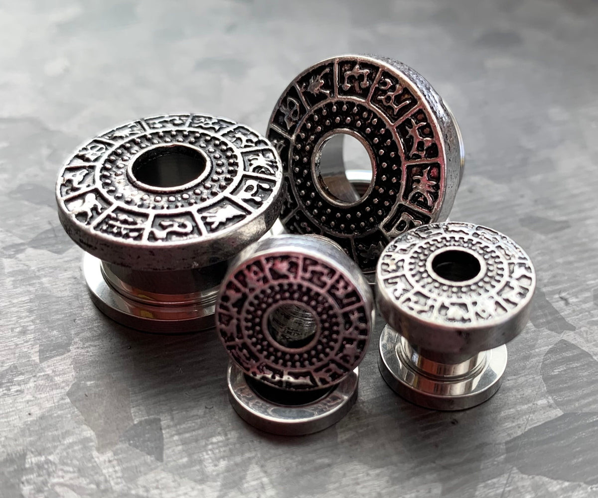 PAIR of Unique Gold, Silver or Bronze Zodiac Signs Top Steel Screw Fit Tunnels/Plugs - Gauges 4g (5mm) thru 5/8" (16mm) available!