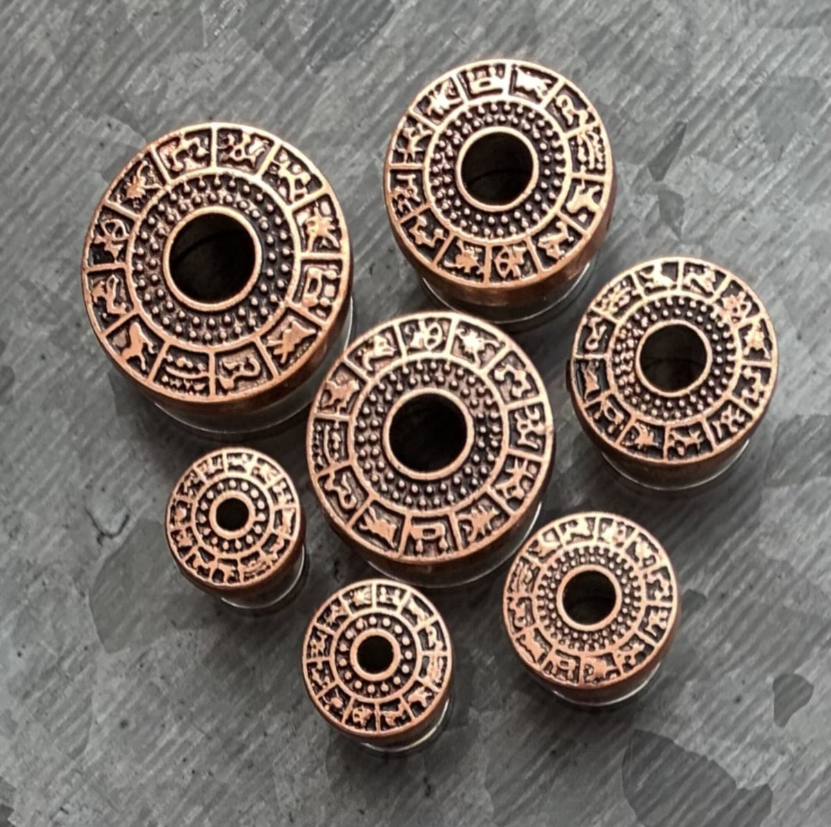 PAIR of Unique Gold, Silver or Bronze Zodiac Signs Top Steel Screw Fit Tunnels/Plugs - Gauges 4g (5mm) thru 5/8" (16mm) available!