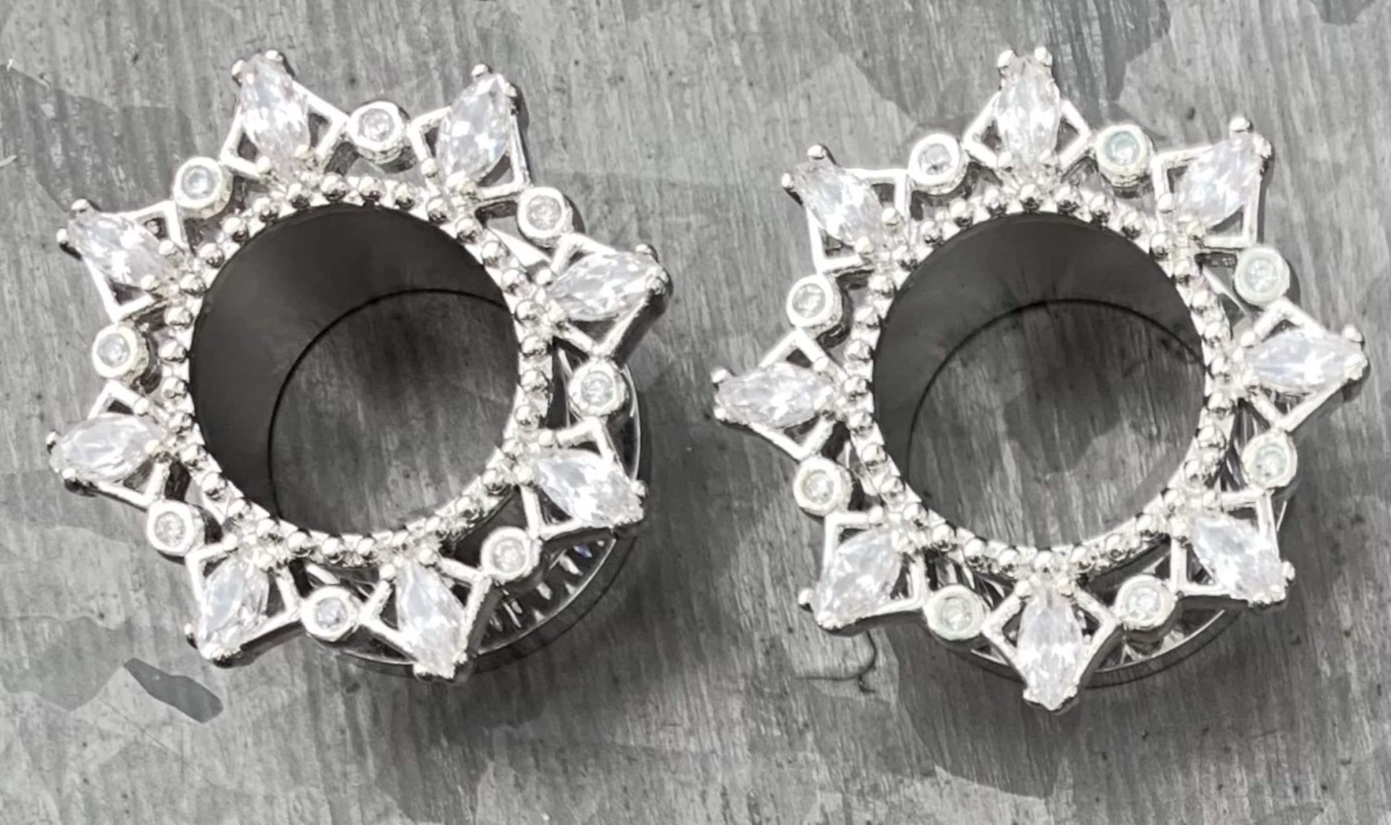PAIR of Unique Marquise CZ Gem Filgree Steel Screw Fit Tunnels/Plugs - Gauges 2g (6mm) thru 5/8" (16mm) available!