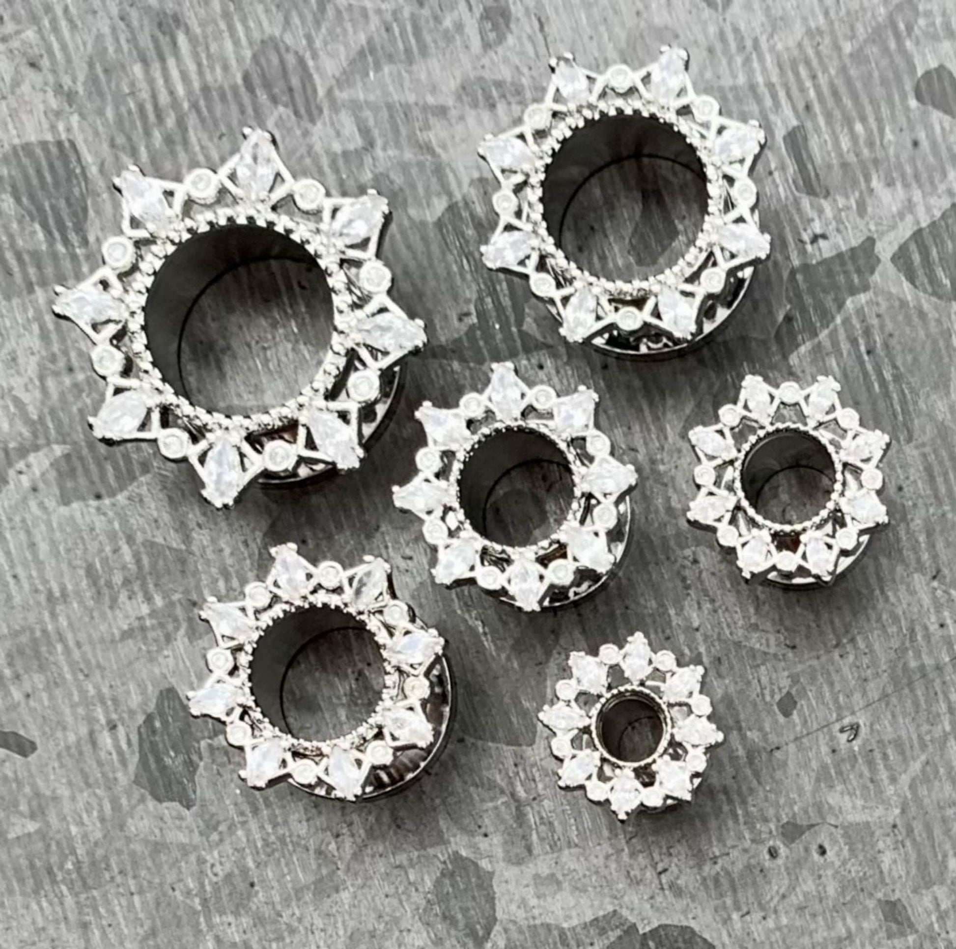 PAIR of Unique Marquise CZ Gem Filgree Steel Screw Fit Tunnels/Plugs - Gauges 2g (6mm) thru 5/8" (16mm) available!