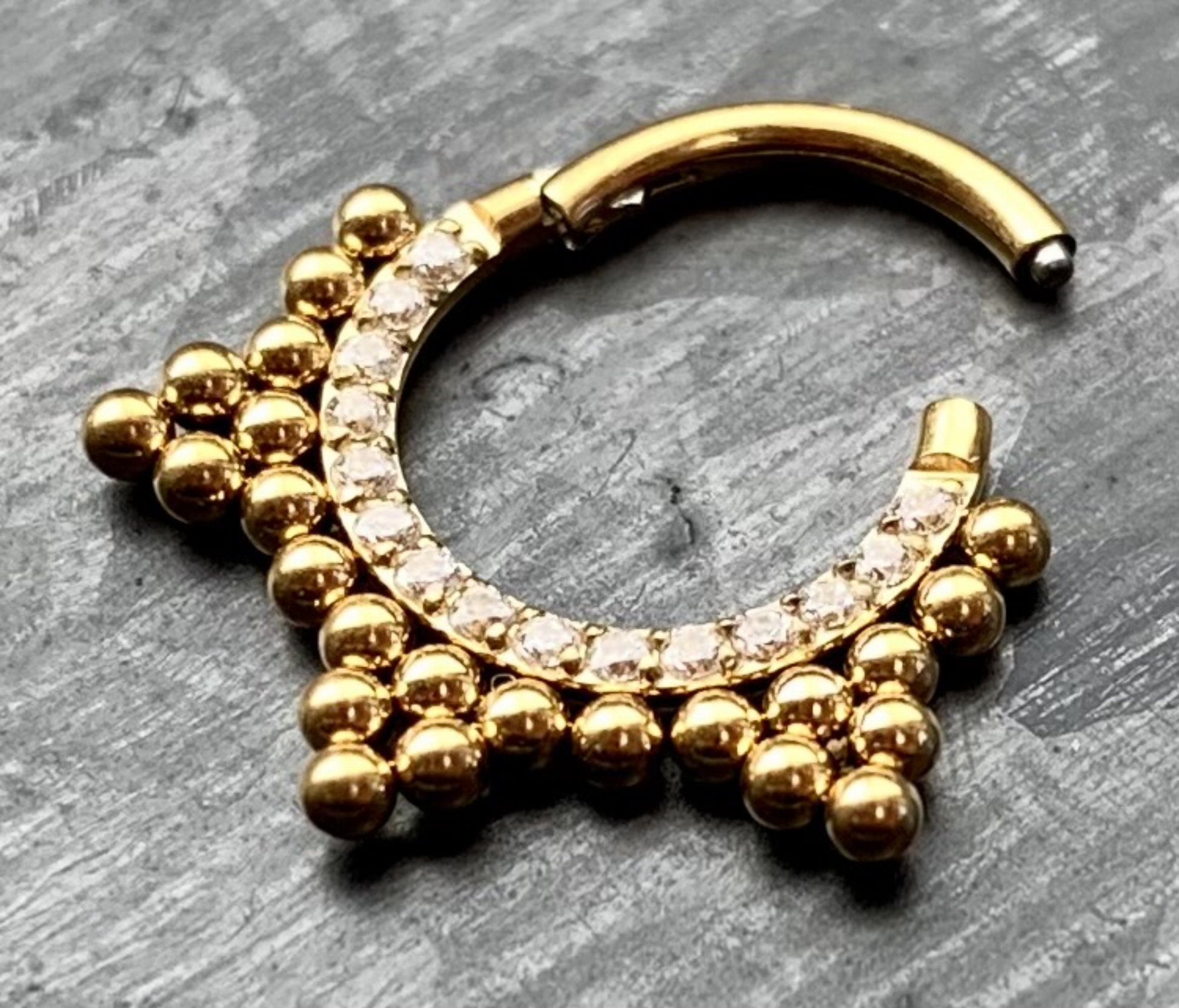 1 Piece Beautiful Stainless Steel Ball Cluster CZ Gem Lined Hinged Septum Ring - 16g - Steel and Gold Available!