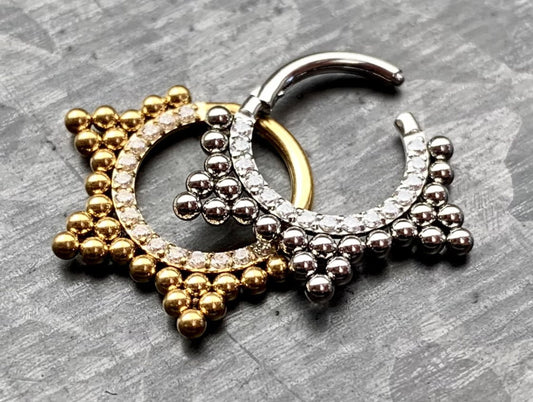 1 Piece Beautiful Stainless Steel Ball Cluster CZ Gem Lined Hinged Septum Ring - 16g - Steel and Gold Available!