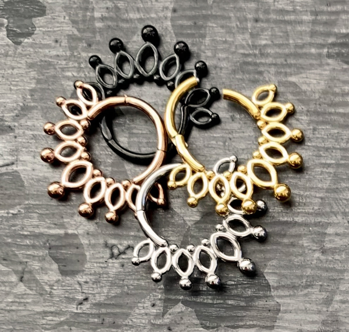 1 Piece Beautiful Beaded Crown Surgical Steel 16g Hinged Segment Ring - Black, Steel, Gold, Rose Gold available!
