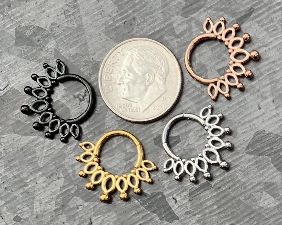 1 Piece Beautiful Beaded Crown Surgical Steel 16g Hinged Segment Ring - Black, Steel, Gold, Rose Gold available!