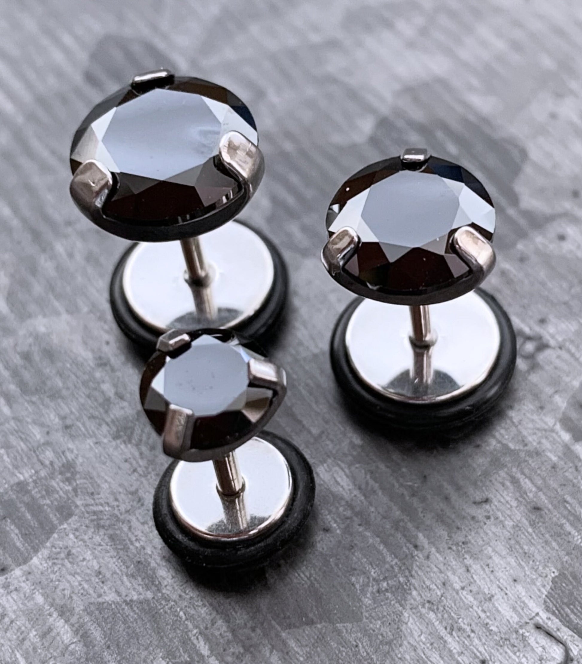PAIR of Stunning Prong Set CZ Gem Faux / Cheater Surgical Steel Plugs - 16g - Black or Clear 2g, 0g or 00 Gem look available!