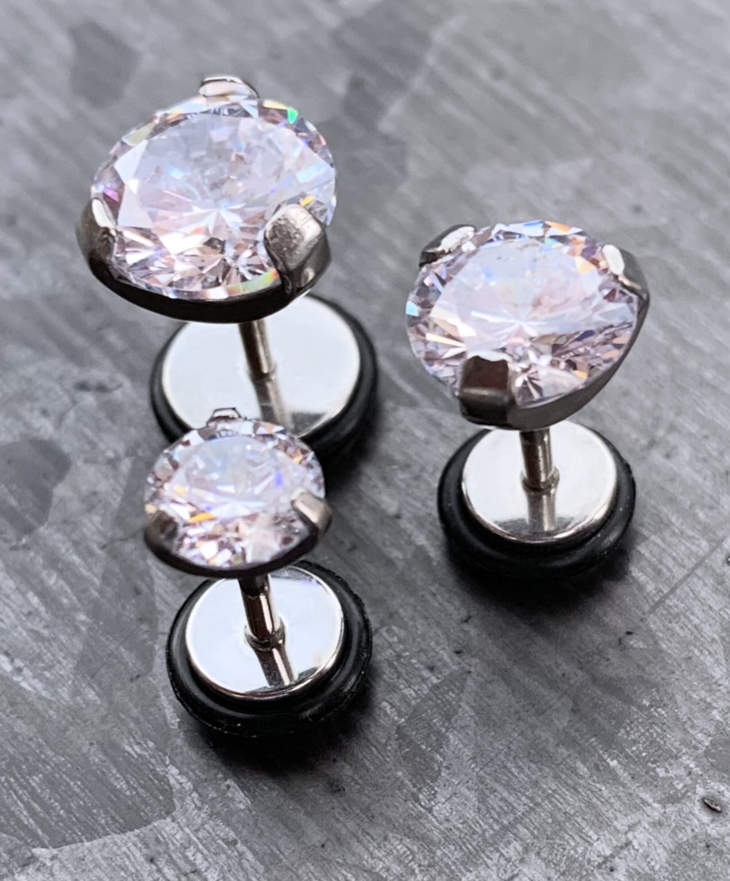 PAIR of Stunning Prong Set CZ Gem Faux / Cheater Surgical Steel Plugs - 16g - Black or Clear 2g, 0g or 00 Gem look available!