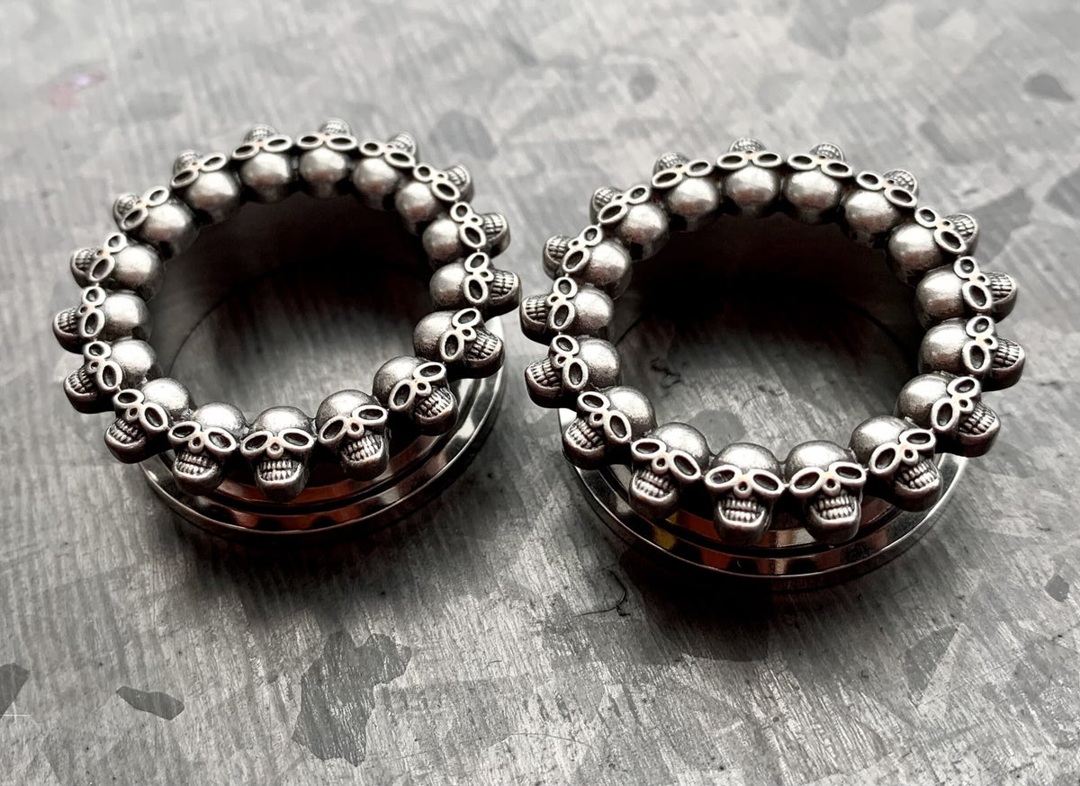 PAIR of Unique Skull Rimmed Screw Fit Stainless Steel Tunnels / Plugs - Gauges 2g (6mm) thru 1" (25mm) available!