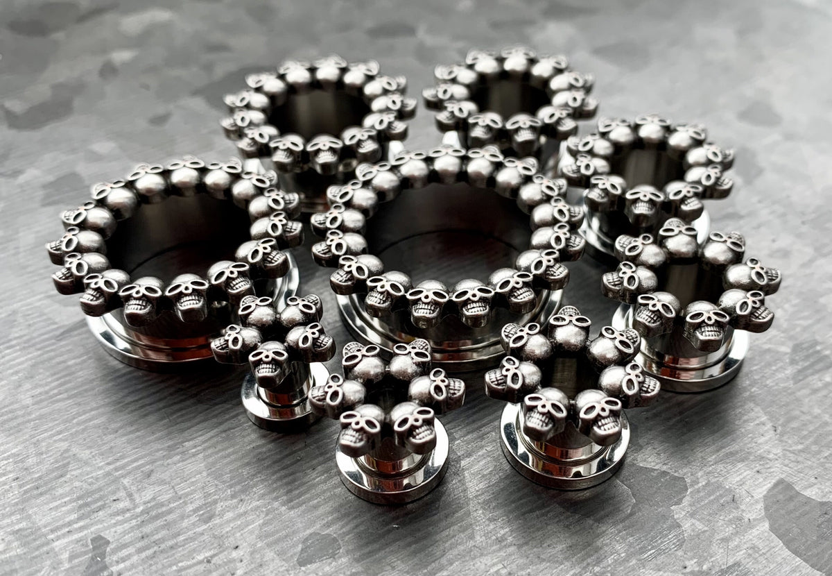 PAIR of Unique Skull Rimmed Screw Fit Stainless Steel Tunnels / Plugs - Gauges 2g (6mm) thru 1" (25mm) available!