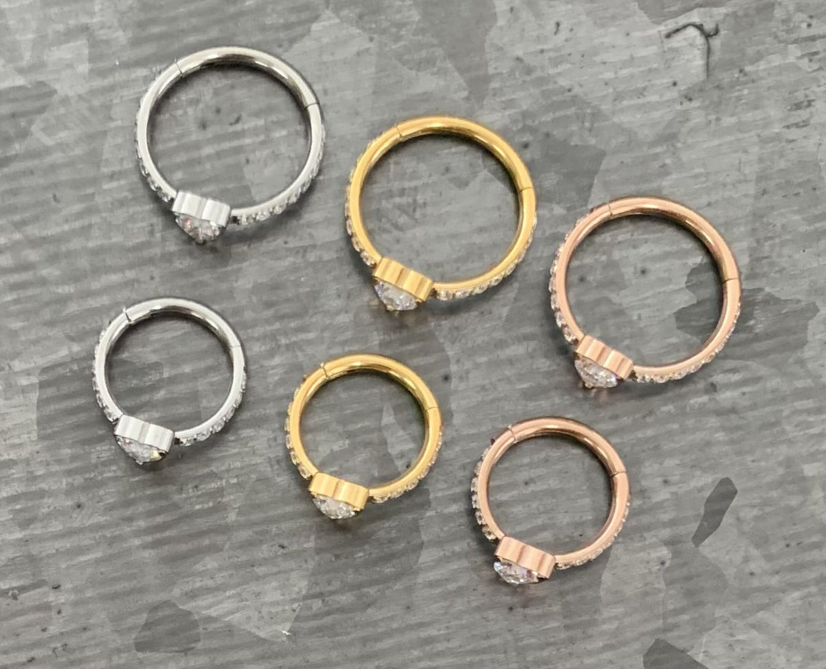 1pc Implant Grade Titanium CZ Gem Heart w/ Paved Sides Hinged Segment Septum Ring - 16g - 10mm, 8mm - Silver ,Gold & Rose Gold available!