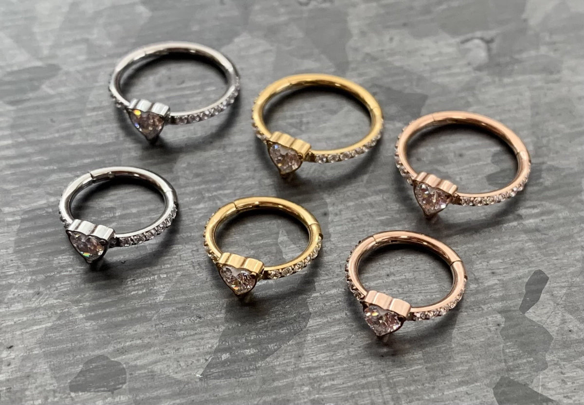 1pc Implant Grade Titanium CZ Gem Heart w/ Paved Sides Hinged Segment Septum Ring - 16g - 10mm, 8mm - Silver ,Gold & Rose Gold available!