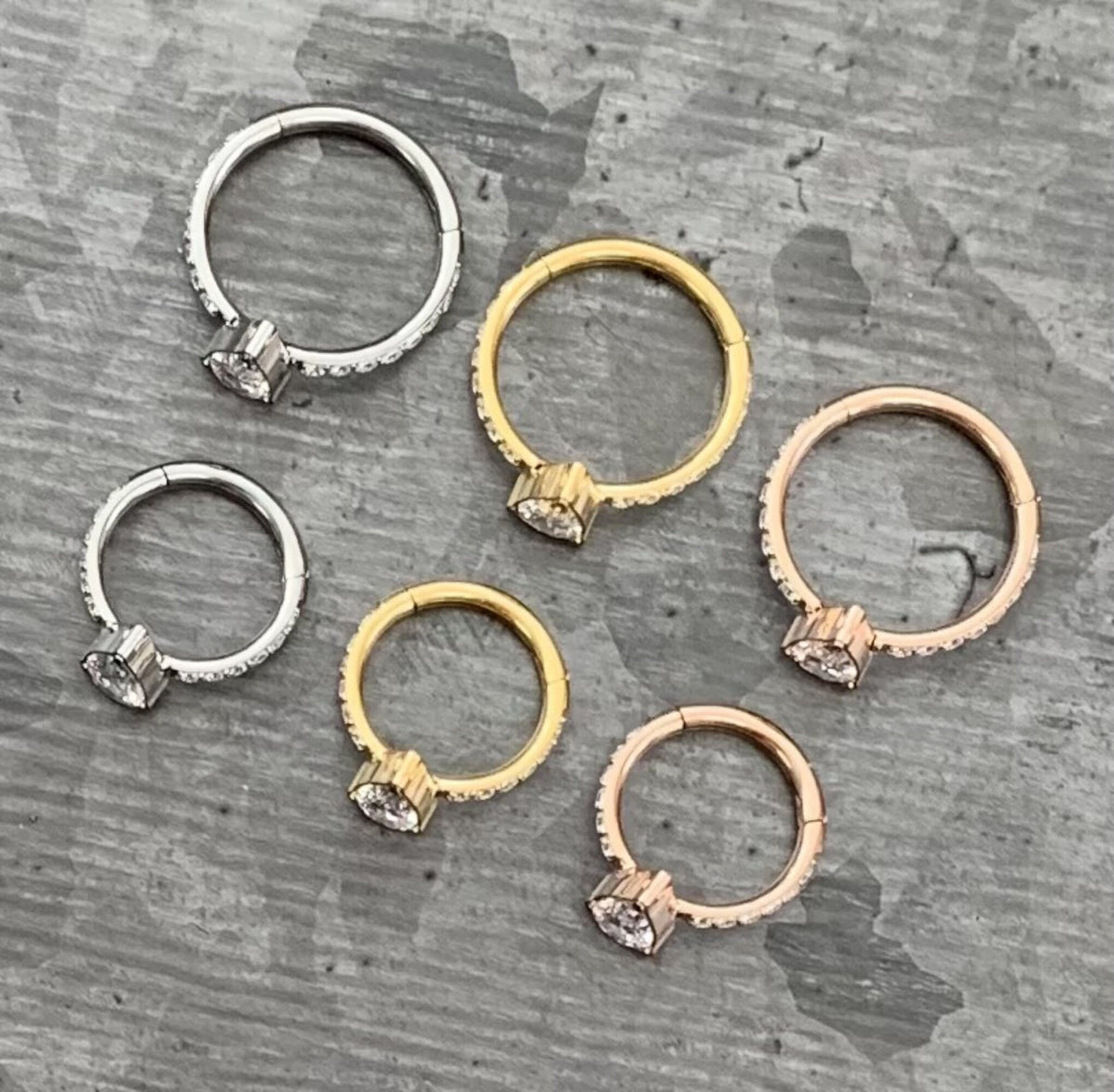 1pc Implant Grade Titanium CZ Gem Teardrop w/ Paved Sides Hinged Segment Septum Ring - 16g - 10mm, 8mm - Silver ,Gold & Rose Gold available!