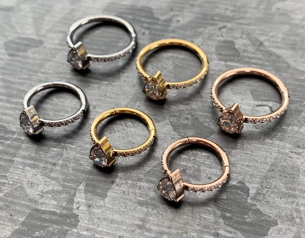 1pc Implant Grade Titanium CZ Gem Teardrop w/ Paved Sides Hinged Segment Septum Ring - 16g - 10mm, 8mm - Silver ,Gold & Rose Gold available!