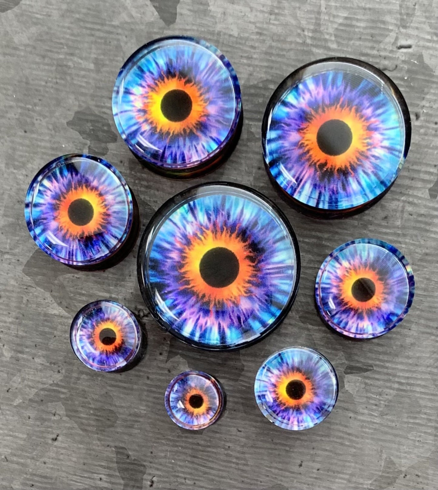 PAIR of Unique Purple Eye Encased Acrylic Saddle Plugs - Gauges 0g (8mm) thru 1" (25mm) available!