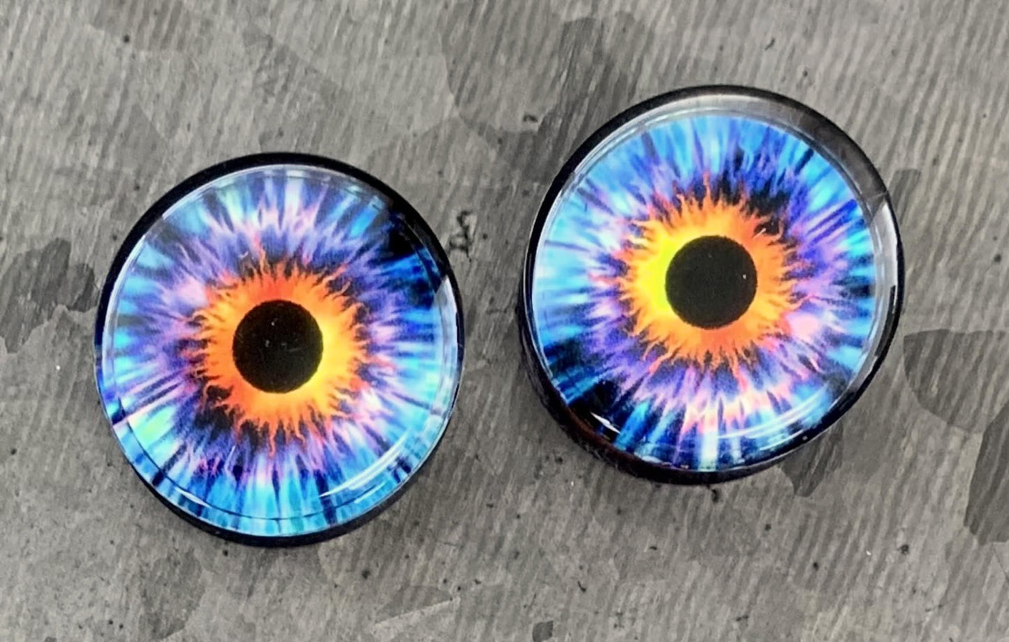 PAIR of Unique Purple Eye Encased Acrylic Saddle Plugs - Gauges 0g (8mm) thru 1" (25mm) available!