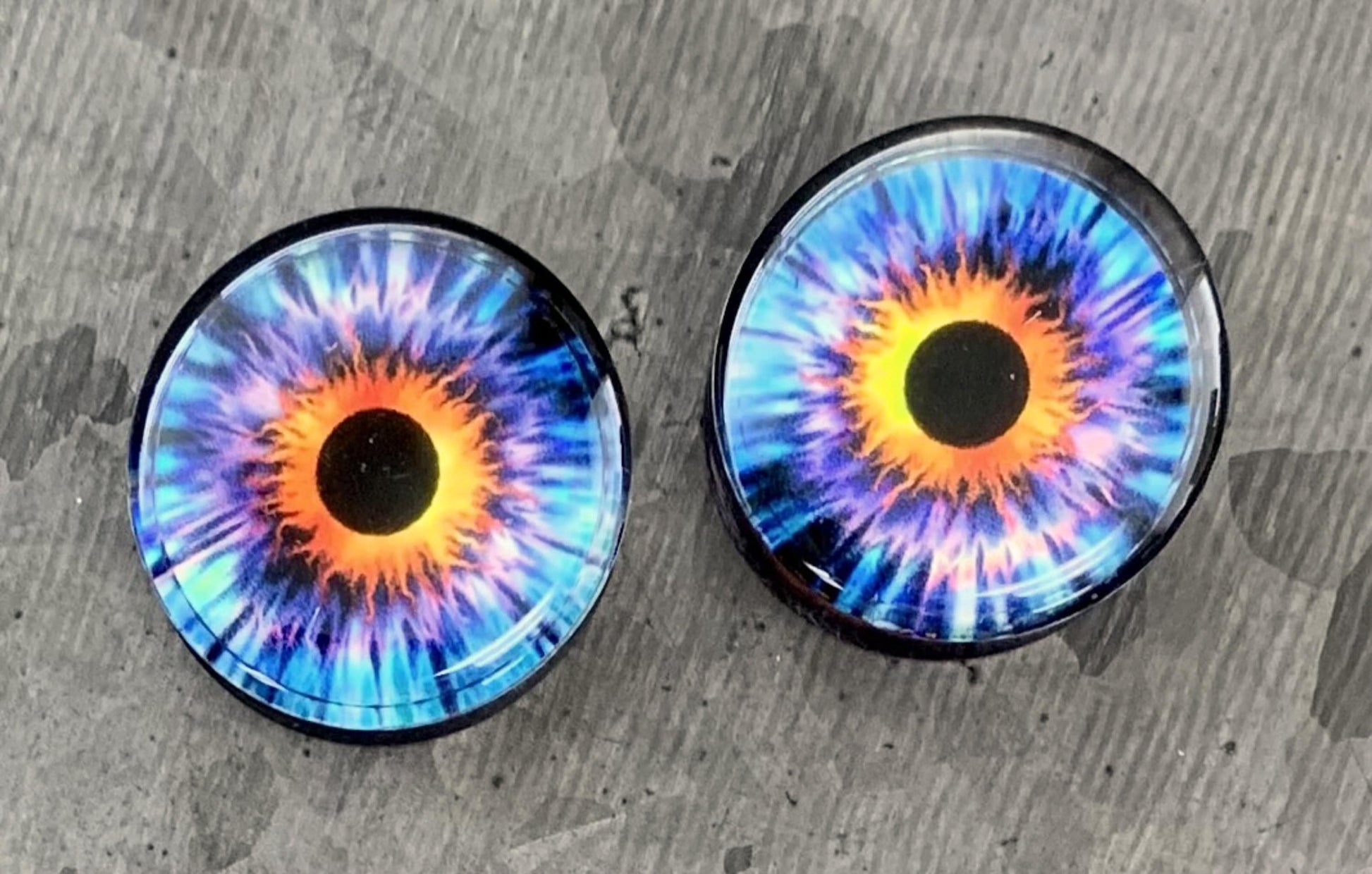 PAIR of Unique Purple Eye Encased Acrylic Saddle Plugs - Gauges 0g (8mm) thru 1" (25mm) available!