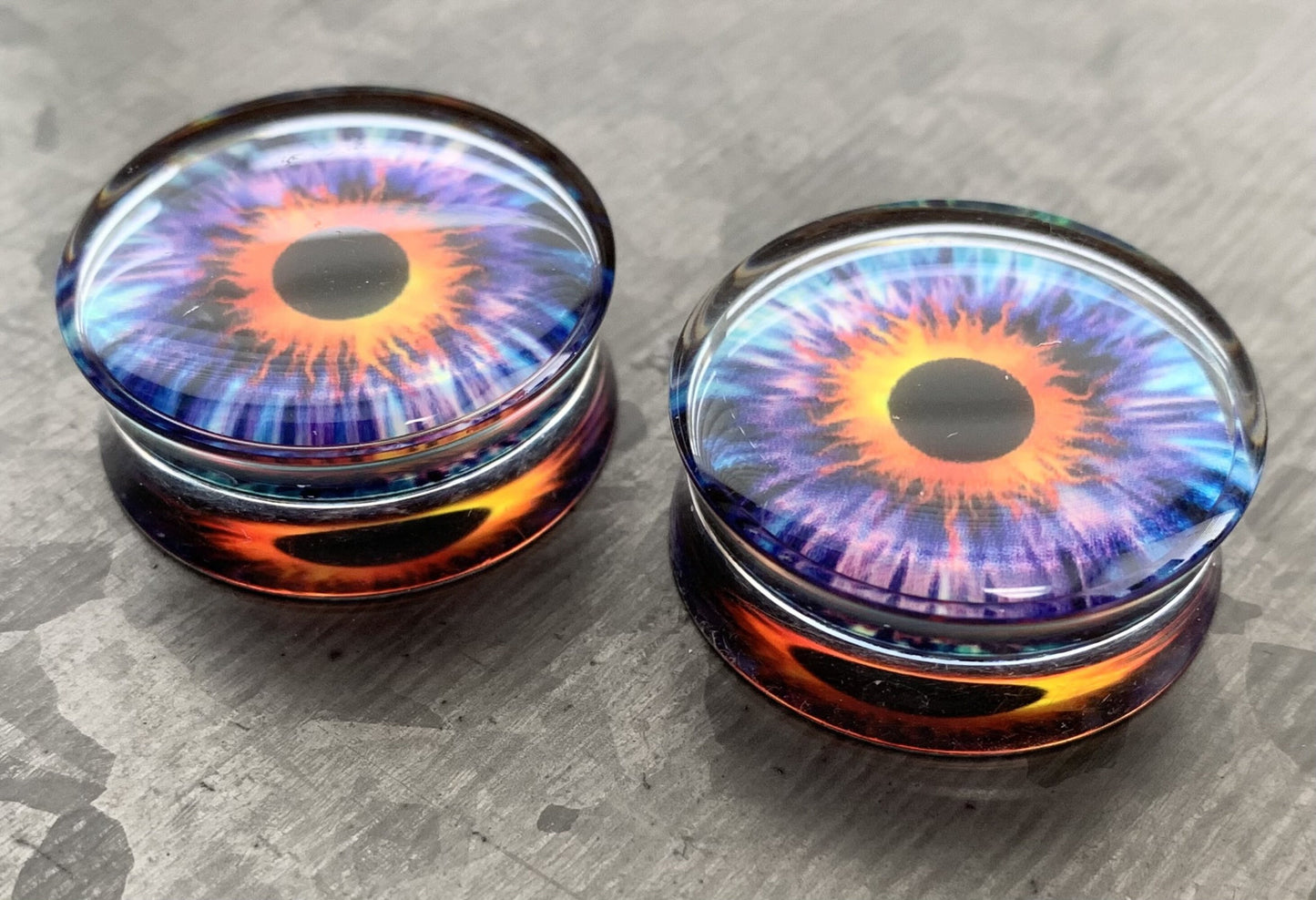 PAIR of Unique Purple Eye Encased Acrylic Saddle Plugs - Gauges 0g (8mm) thru 1" (25mm) available!