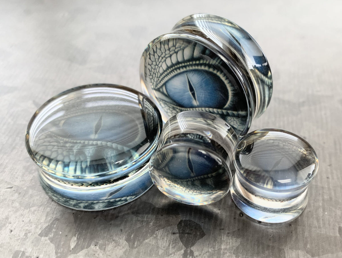 PAIR of Stunning Blue Dragon Eye Encased Acrylic White Walker Saddle Plugs - Gauges 0g (8mm) thru 1" (25mm) available!