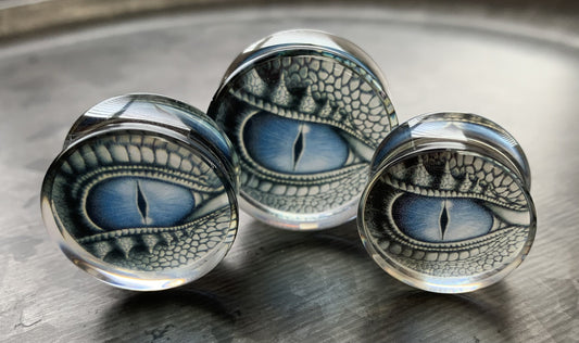 PAIR of Stunning Blue Dragon Eye Encased Acrylic White Walker Saddle Plugs - Gauges 0g (8mm) thru 1" (25mm) available!