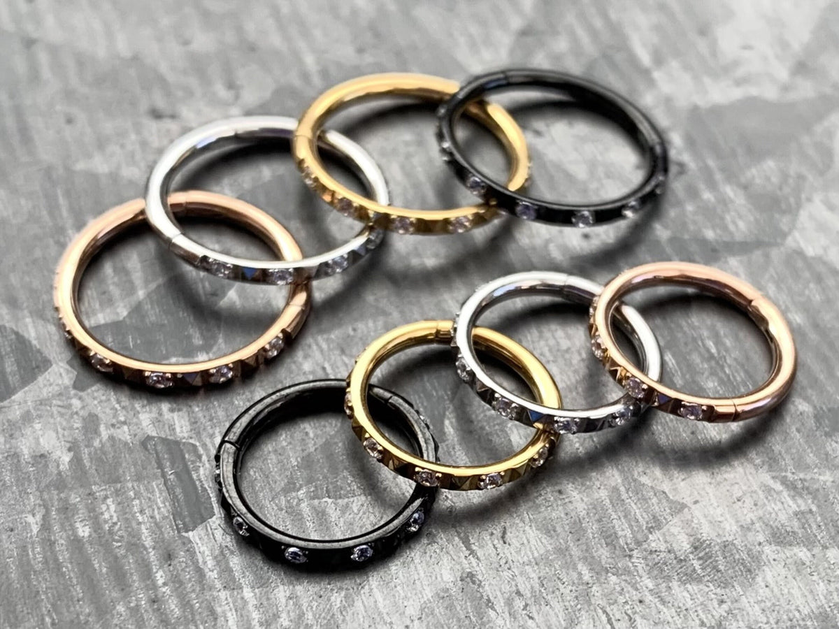 1 Piece Beautiful Hinged Surgical Steel CZ Gems & Pyramids Segment Ring -16g - Diameter 8mm or 10mm available!