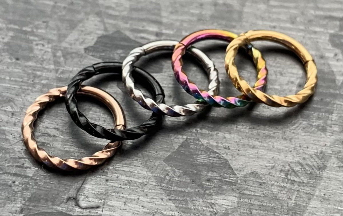 1 Piece Stunning Stainless Steel Twisted Style Hinged Segment Ring - 16g, 8mm - Steel, Black, Gold, Rose Gold, and Rainbow available!