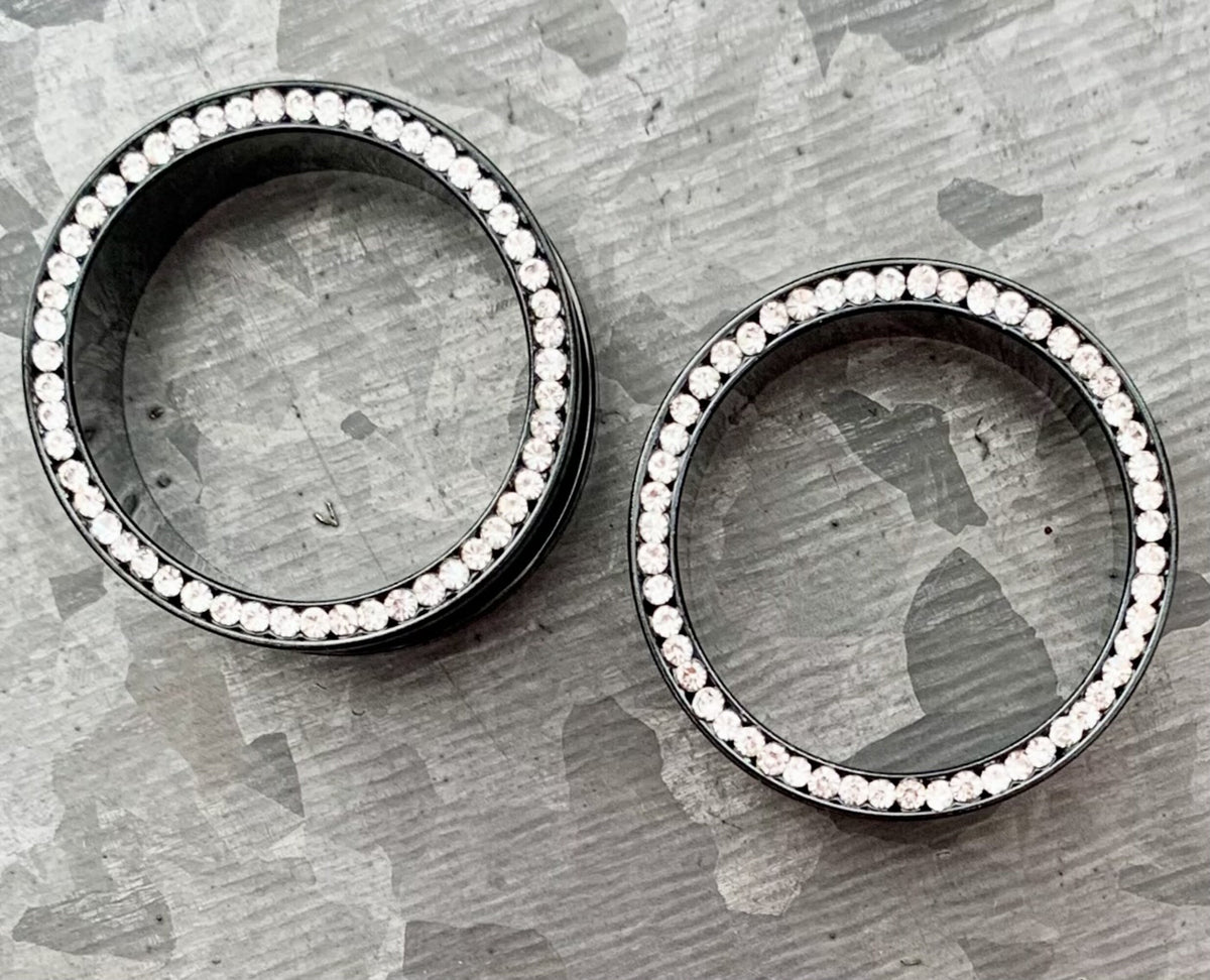 PAIR of Stunning CZ Gem Rimmed Screw Fit Black PVD Steel Tunnels - Gauges 10g (3mm) thru 1" (25mm) available!