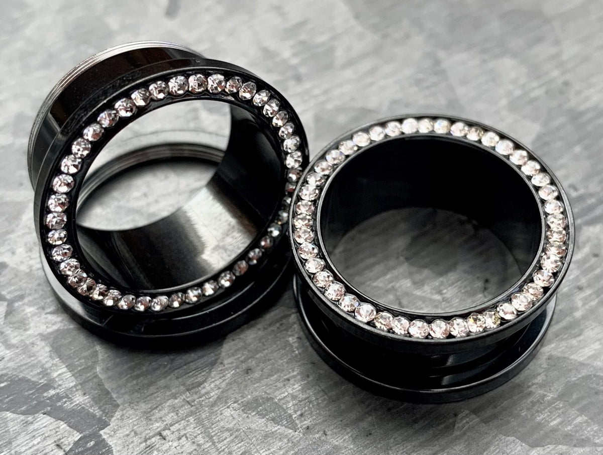 PAIR of Stunning CZ Gem Rimmed Screw Fit Black PVD Steel Tunnels - Gauges 10g (3mm) thru 1" (25mm) available!