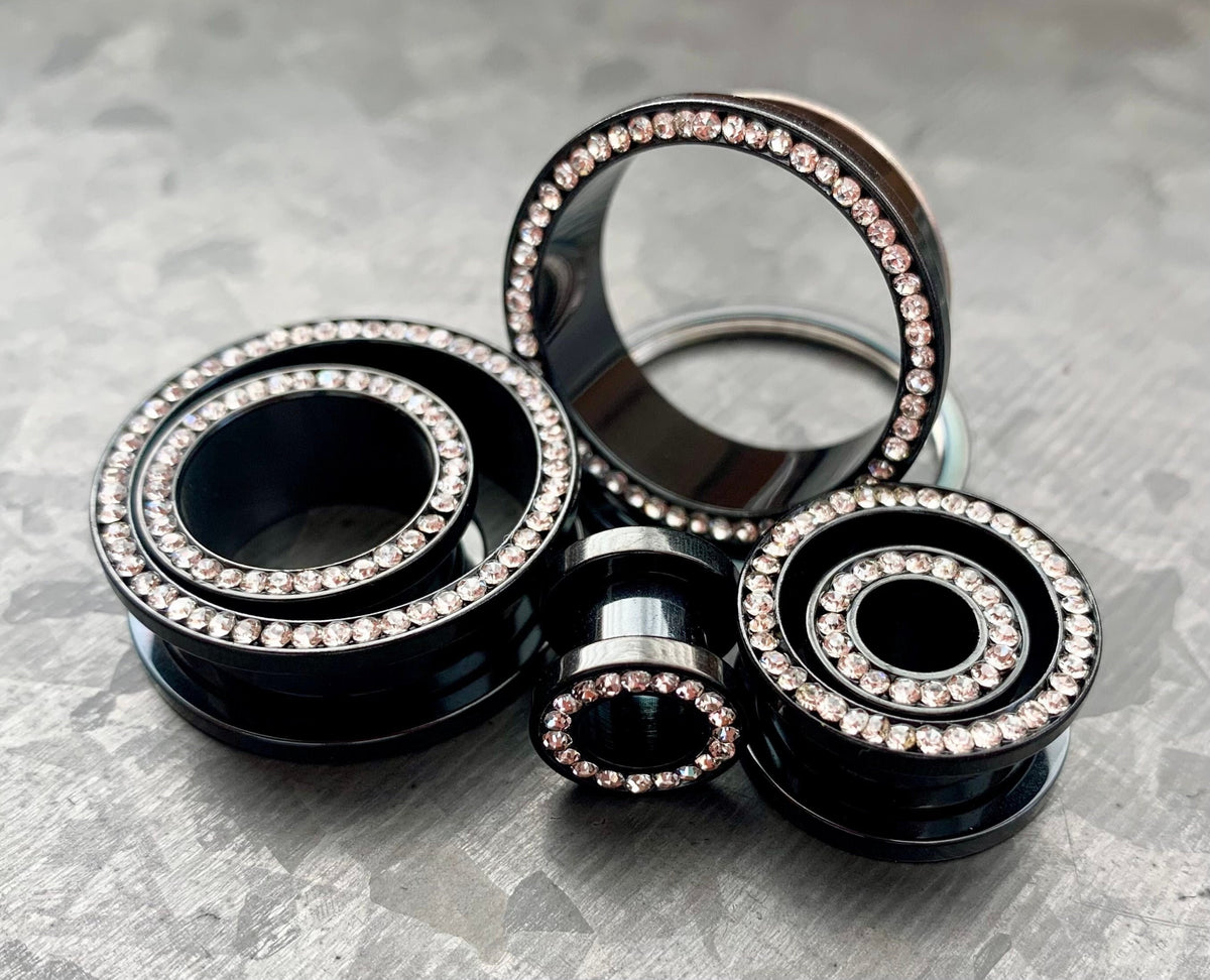 PAIR of Stunning CZ Gem Rimmed Screw Fit Black PVD Steel Tunnels - Gauges 10g (3mm) thru 1" (25mm) available!