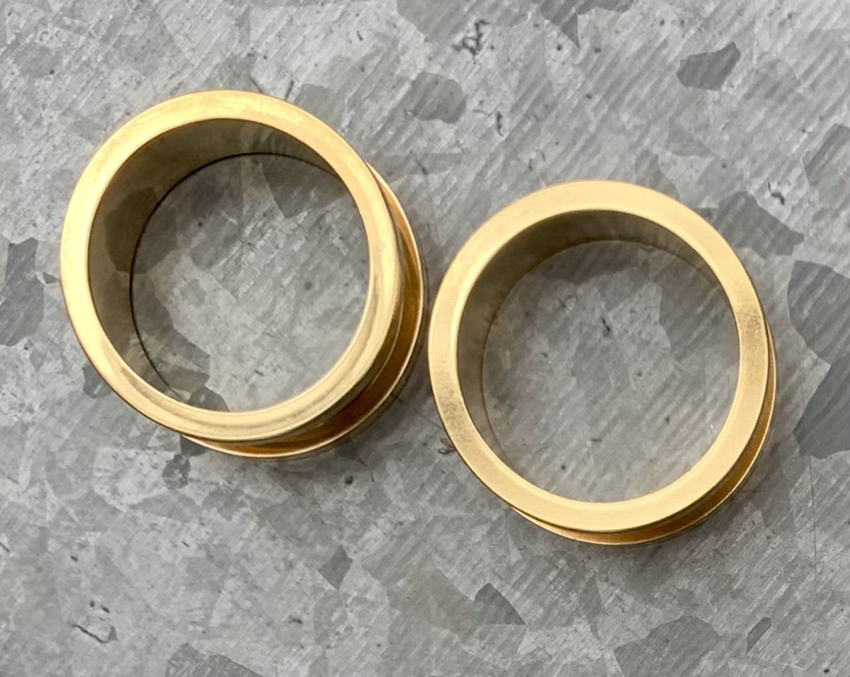 PAIR of Beautiful Gold Ion Plated 316L Steel Screw Fit Tunnels/Plugs - Gauges 16g (1.2mm) thru 1" (25mm) available!