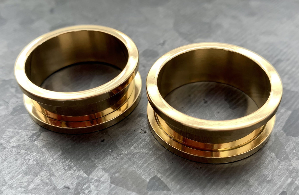 PAIR of Beautiful Gold Ion Plated 316L Steel Screw Fit Tunnels/Plugs - Gauges 16g (1.2mm) thru 1" (25mm) available!