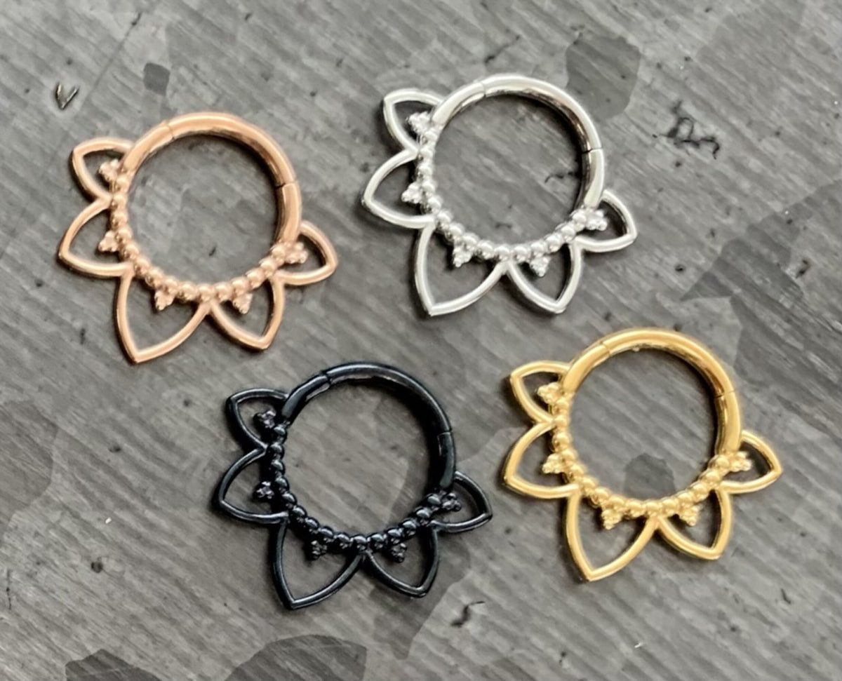 1 Piece Beautiful Filigree Petals Surgical Steel 16g Hinged Segment Ring - Black, Steel, Gold, Rose Gold available!