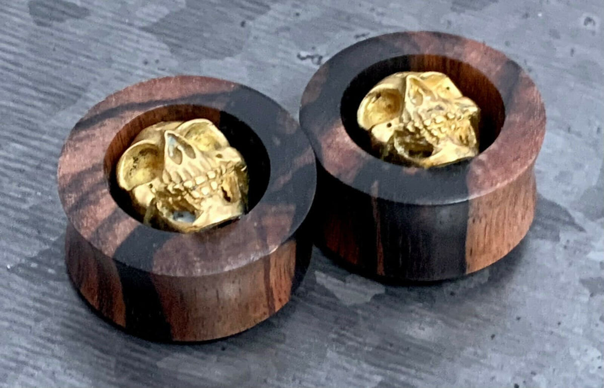 PAIR of Unique Brass Skull Organic Ebony Double Flare Wood Tunnels/Plugs - Gauges 2g (6mm) up to 1" (25mm) available!